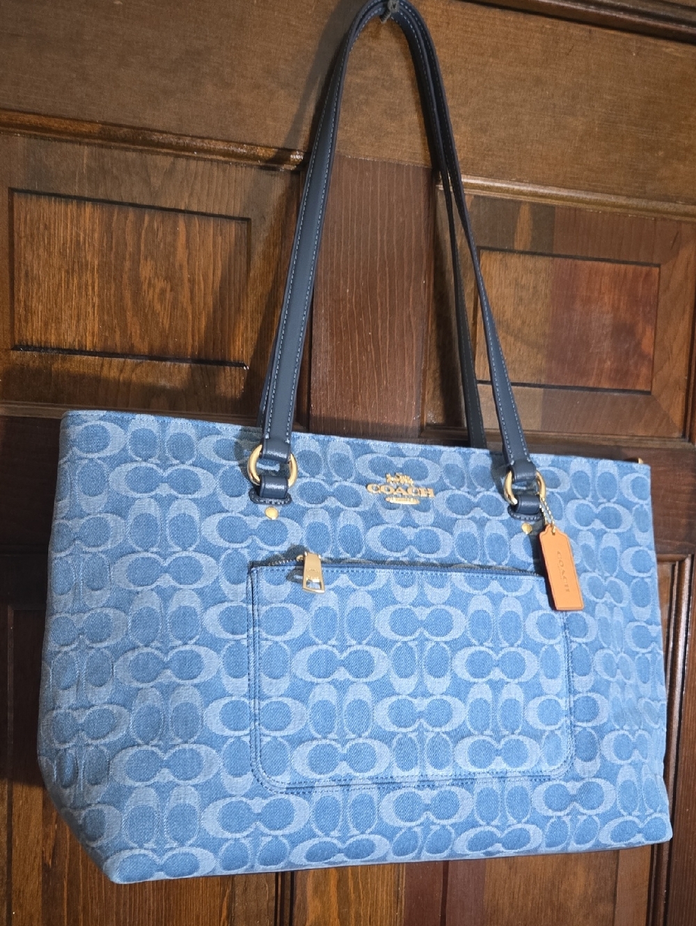 Coach Denim-Pattern Blue Tote with Leather Handles